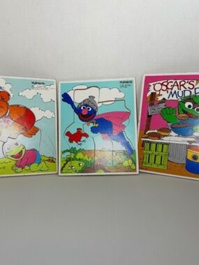 Vintage Lot of 3 Playskool Inlay Wooden puzzles Grover, Kermit & Fozzy, Oscar